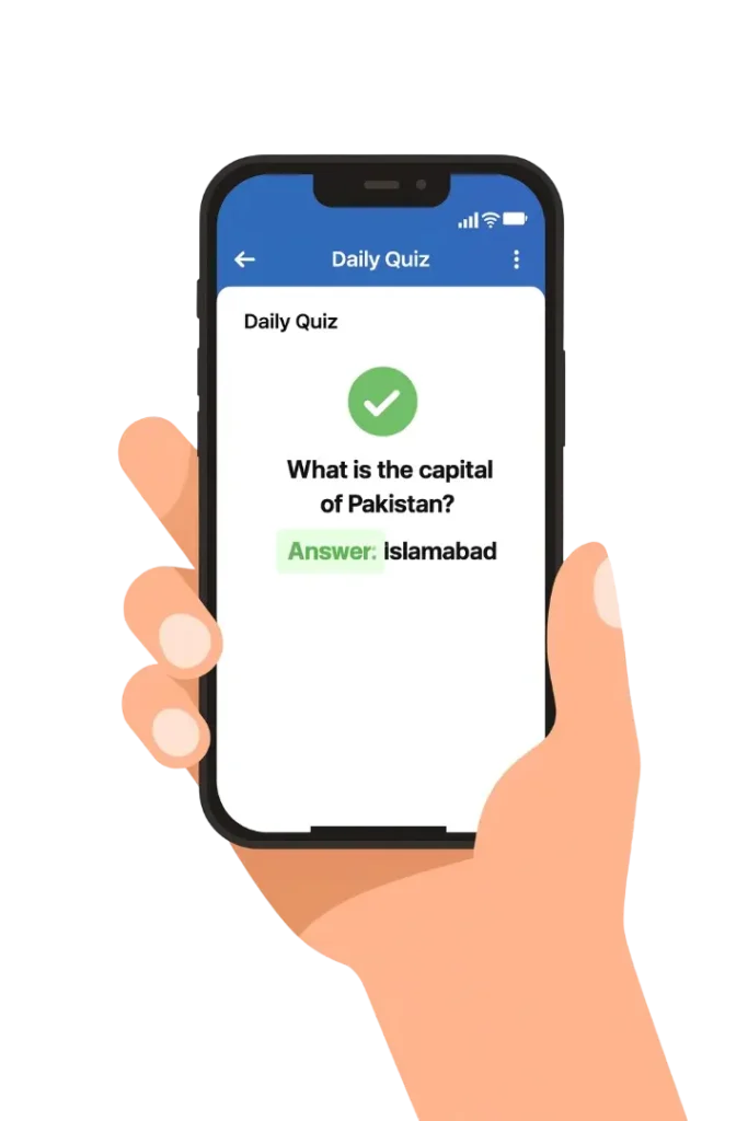 Telenor 345 daily quiz showing today’s question and correct answer Islamabad on mobile screen
